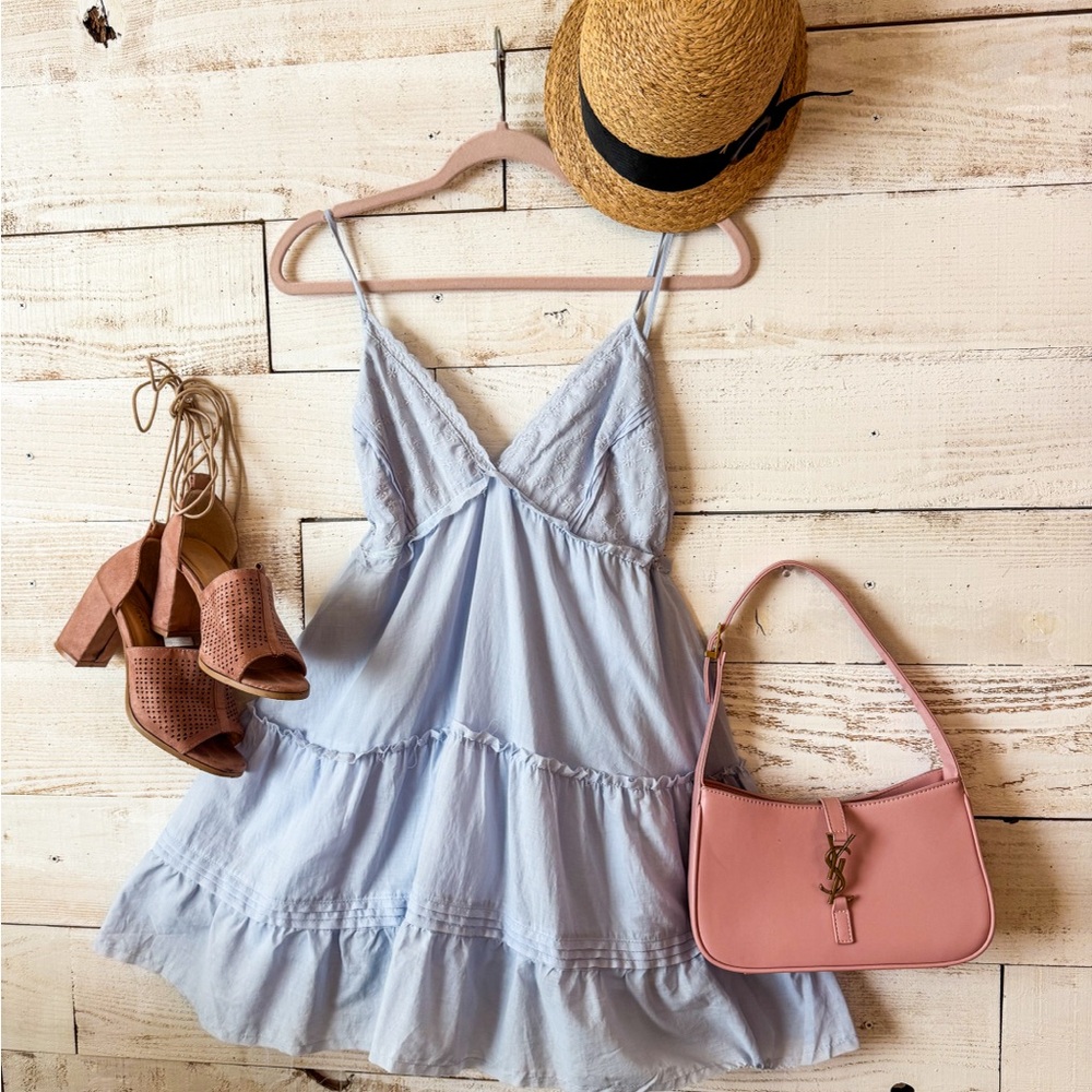 TRULY Light Blue Tiered Lace-Trim Mini Dress